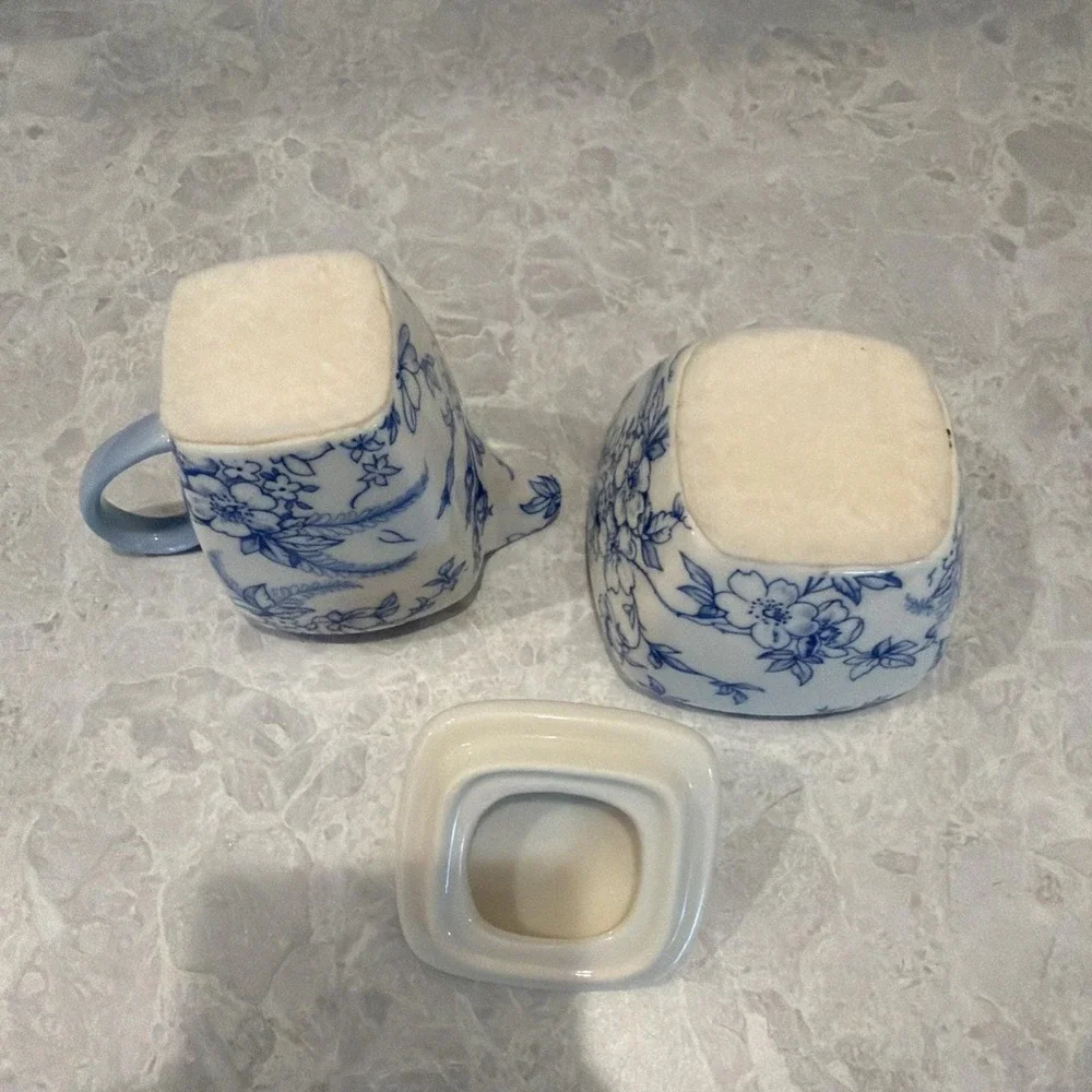 Vintage Shabby Chic Blue And White Cottagecore Floral Creamer And Sugar Bowl Set